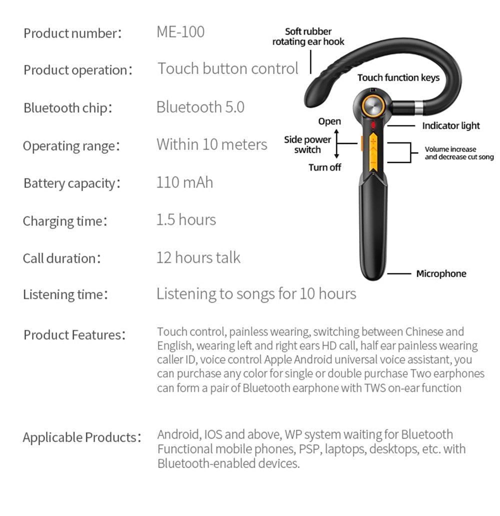 Single Wireless Bluetooth 5.0 Headset Handsfree HIFI Fingerprint Touch Hanging Ear Earphone for iPhone Waterproof Earpiece Ear Wireless Bluetooth Sport Headphones Stevvex