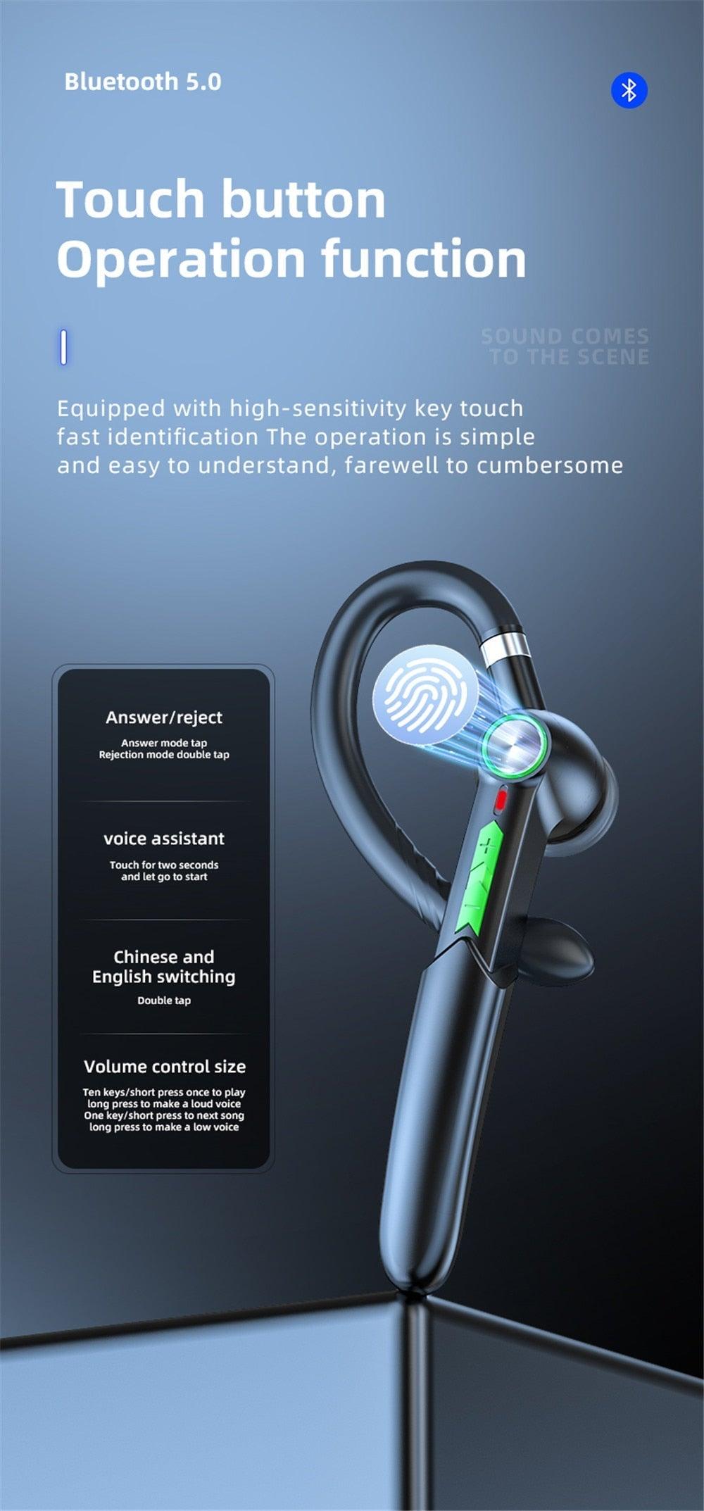 Single Wireless Bluetooth 5.0 Headset Handsfree HIFI Fingerprint Touch Hanging Ear Earphone for iPhone Waterproof Earpiece Ear Wireless Bluetooth Sport Headphones Stevvex
