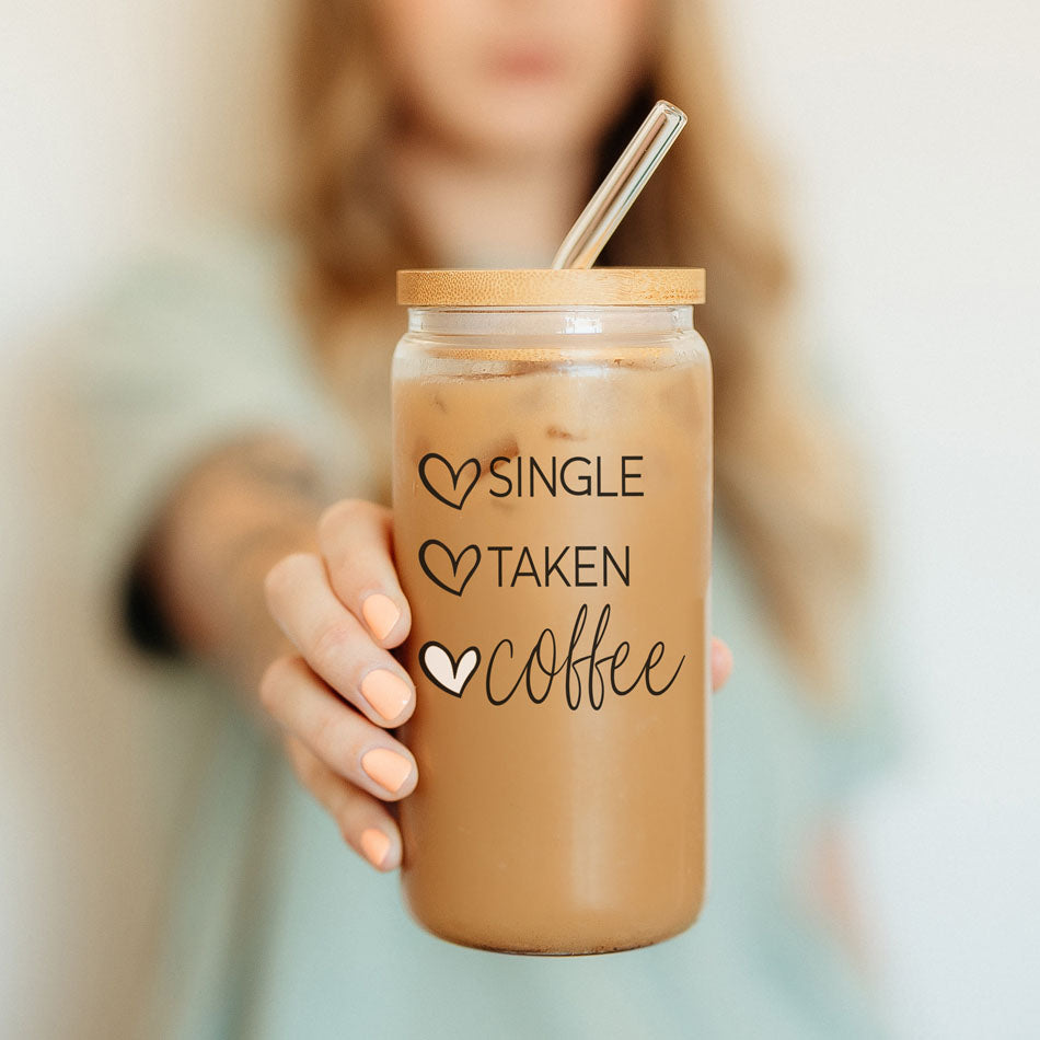 20oz Coffee Glass Cup With Bamboo Lid - Single Taken Coffee Heart Design BandsCo Straps