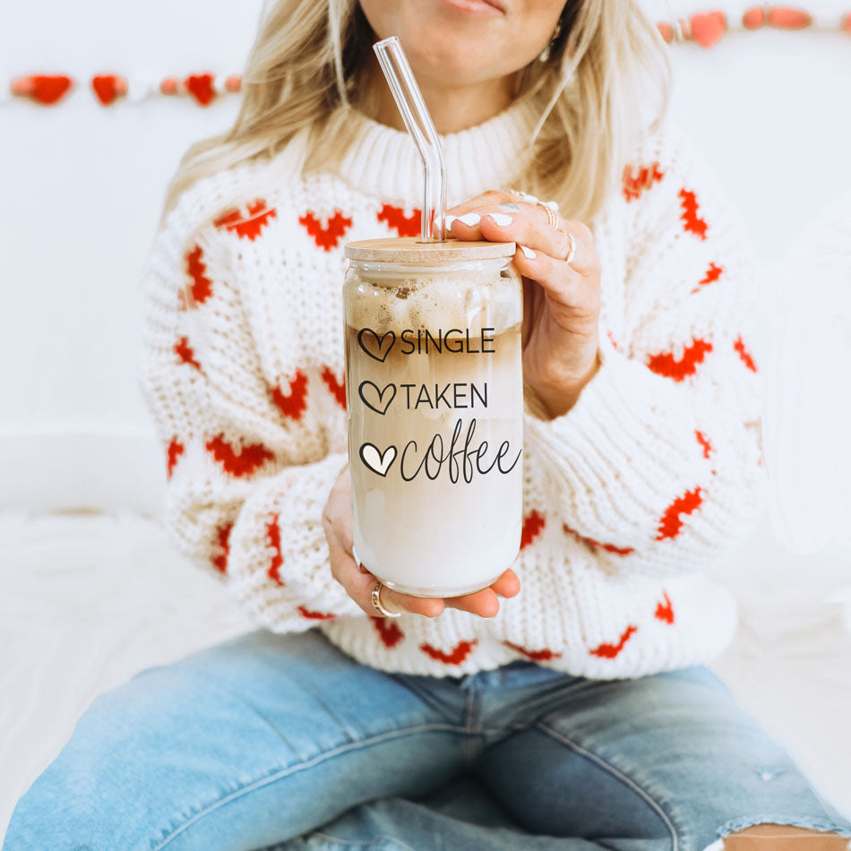 20oz Coffee Glass Cup With Bamboo Lid - Single Taken Coffee Heart Design BandsCo Straps