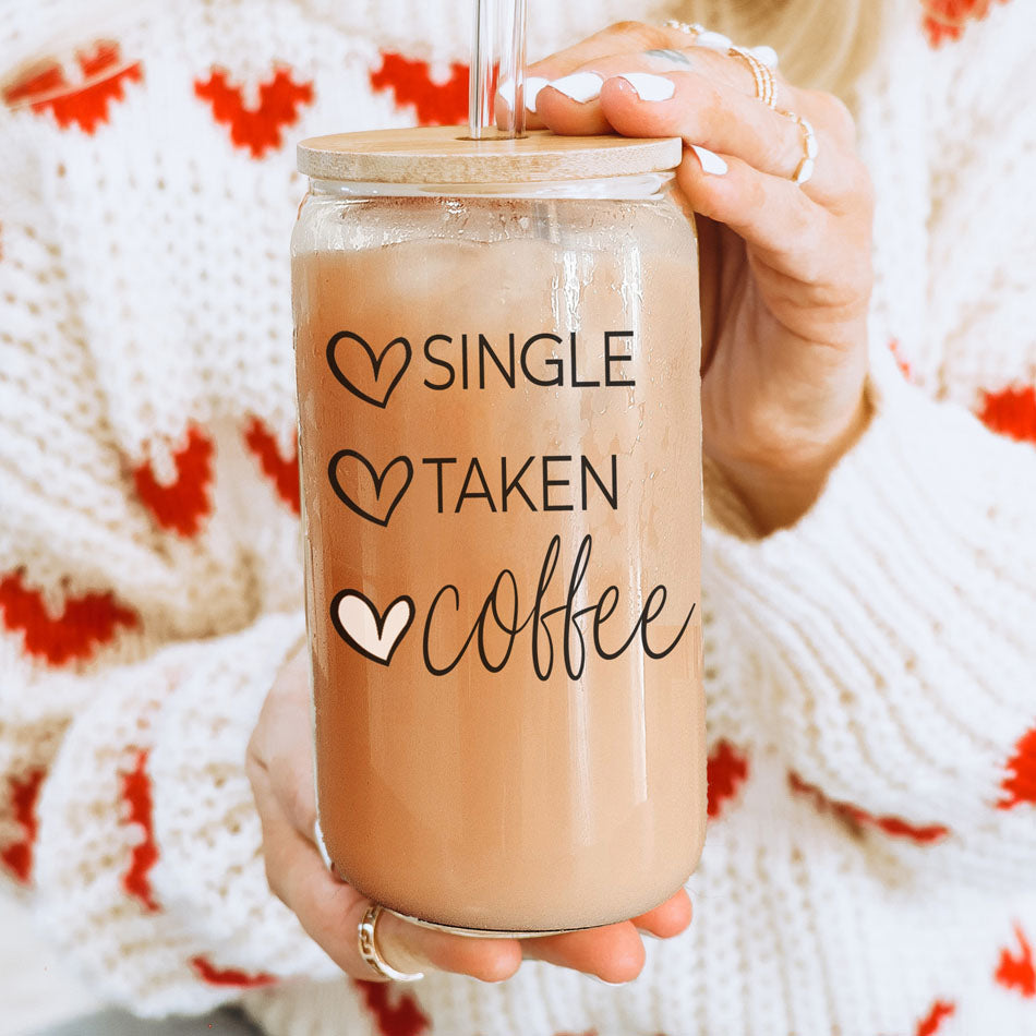 20oz Coffee Glass Cup With Bamboo Lid - Single Taken Coffee Heart Design BandsCo Straps