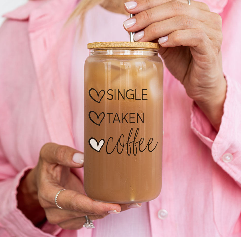 20oz Coffee Glass Cup With Bamboo Lid - Single Taken Coffee Heart Design BandsCo Straps