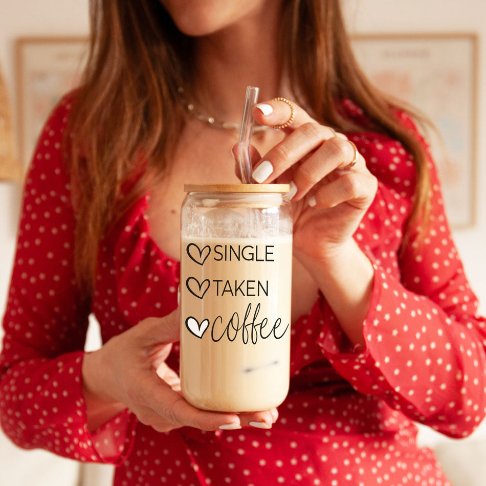 20oz Coffee Glass Cup With Bamboo Lid - Single Taken Coffee Heart Design BandsCo Straps