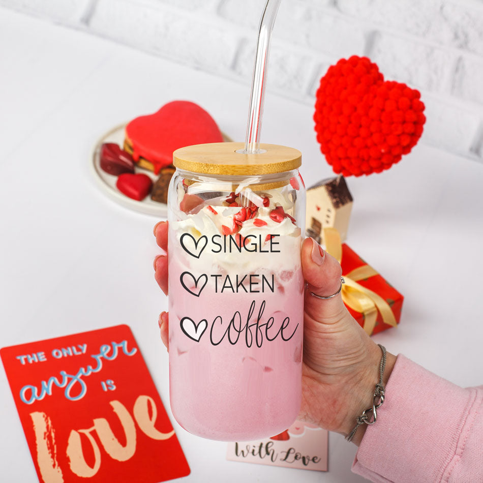 20oz Coffee Glass Cup With Bamboo Lid - Single Taken Coffee Heart Design BandsCo Straps