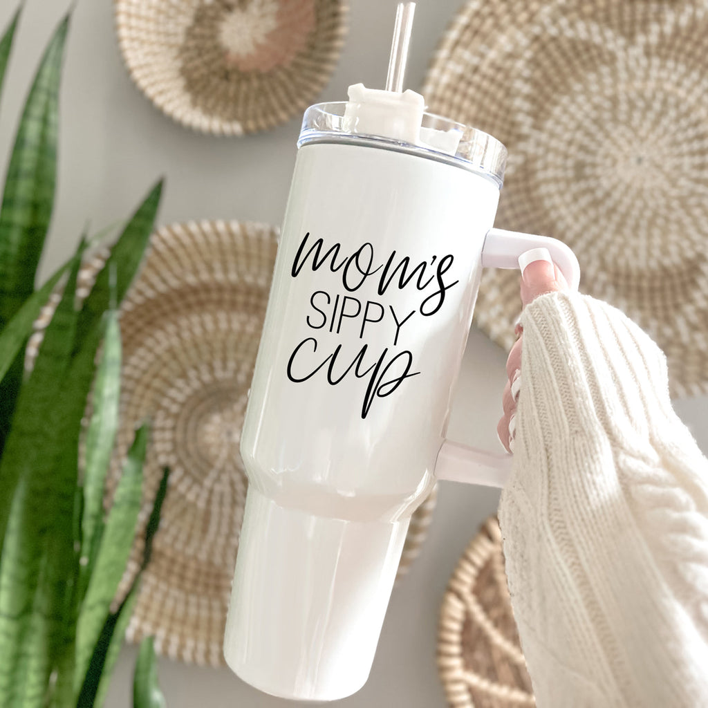 Mom Sippy Cup 40oz Insulated Travel Mug With Handle Lid And Straw BandsCo Straps