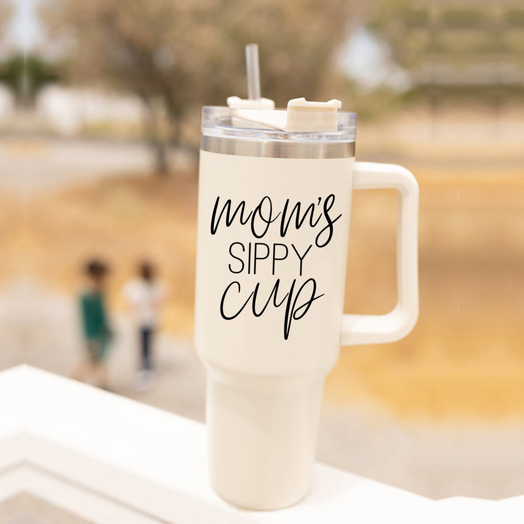 Mom Sippy Cup 40oz Insulated Travel Mug With Handle Lid And Straw BandsCo Straps