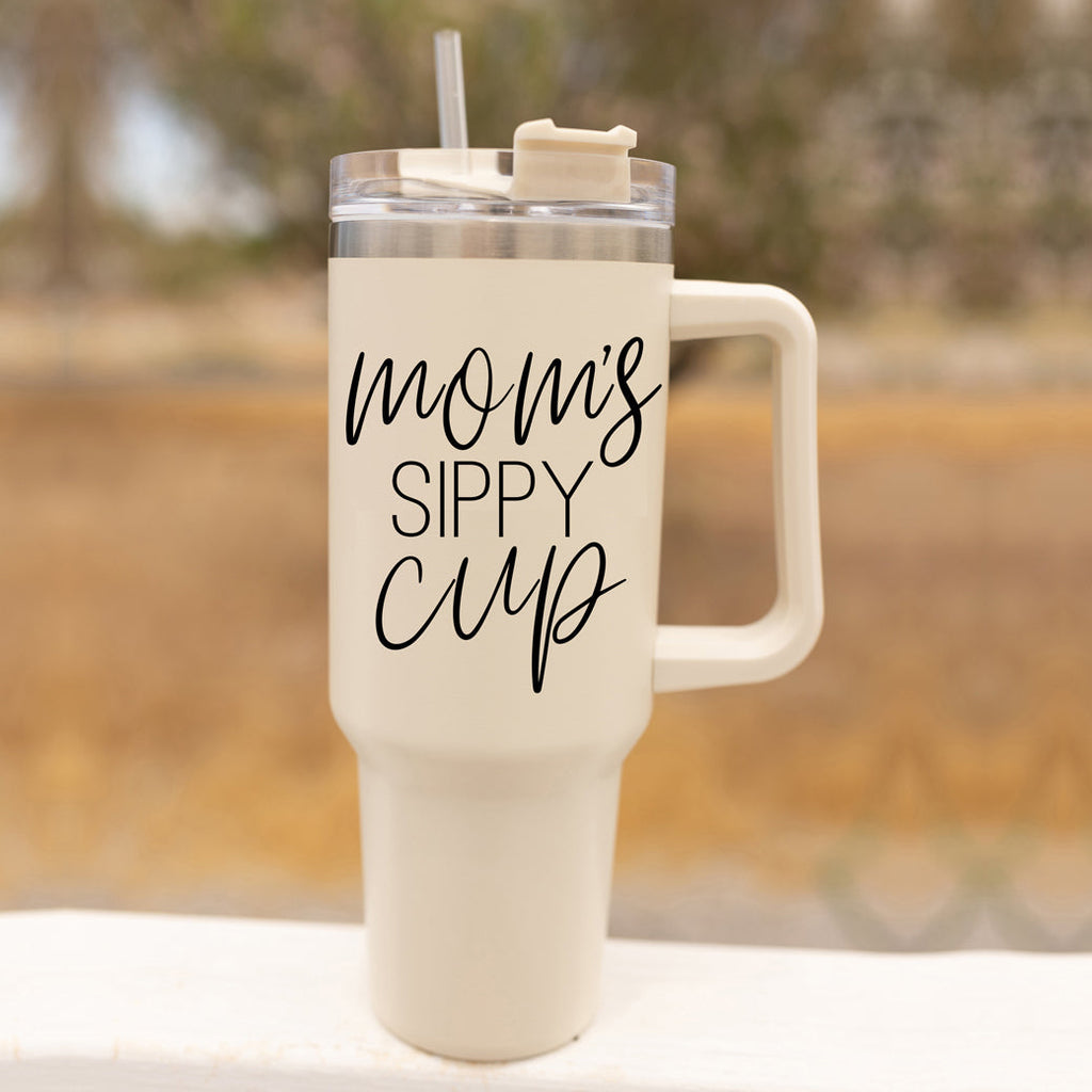 Mom Sippy Cup 40oz Insulated Travel Mug With Handle Lid And Straw BandsCo Straps