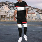 Men's Summer Tracksuit Stripe Print T-shirt Trousers Set Pi-Mart