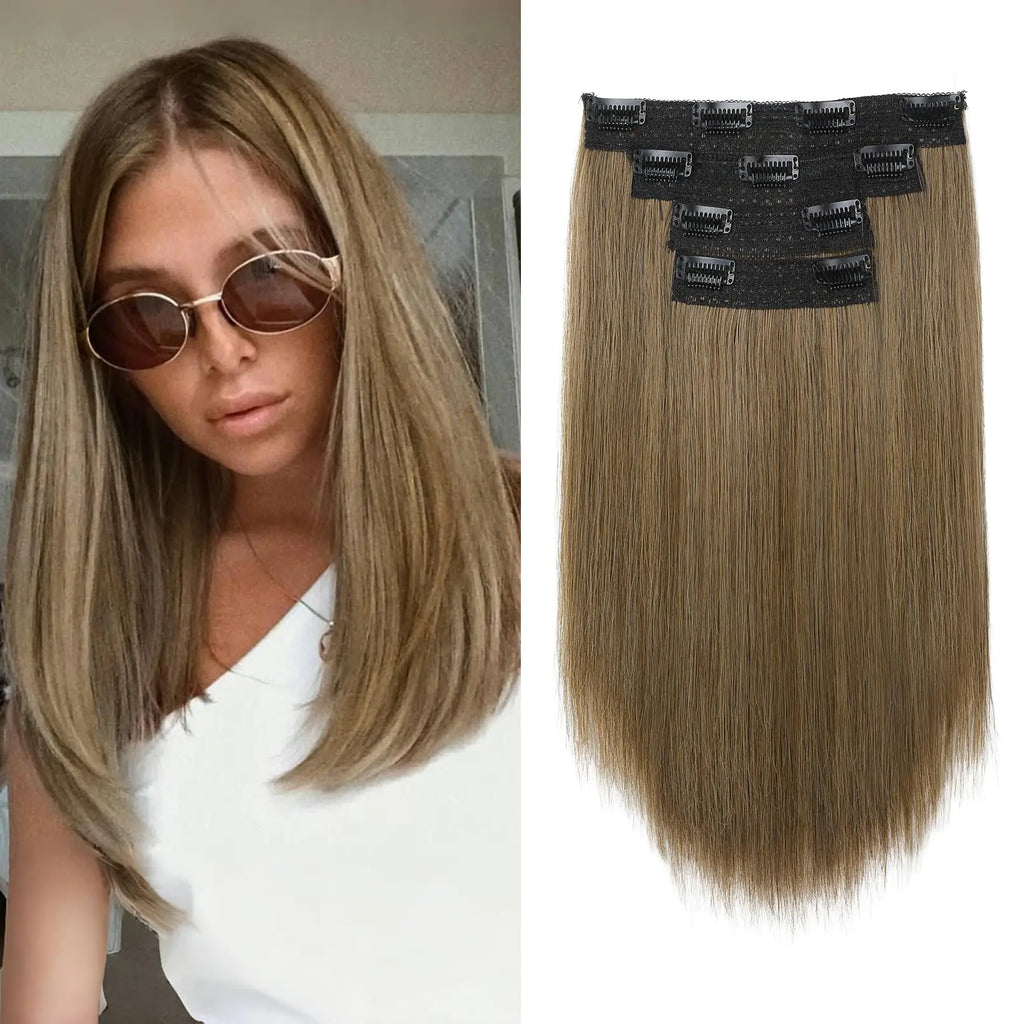 NTYNTY Hair Extensions 14" Short Clip in Hair Extensions 4PCS Straight Brown Hair Extensions Natural Soft Synthetic Hairpiece for Women - Ash Brown Pi-Mart