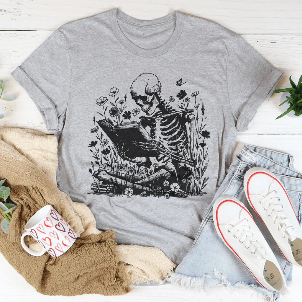 Skull With Books Tee Peachy Sunday