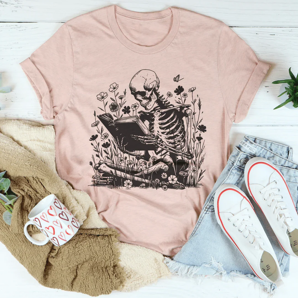 Skull With Books Tee Peachy Sunday