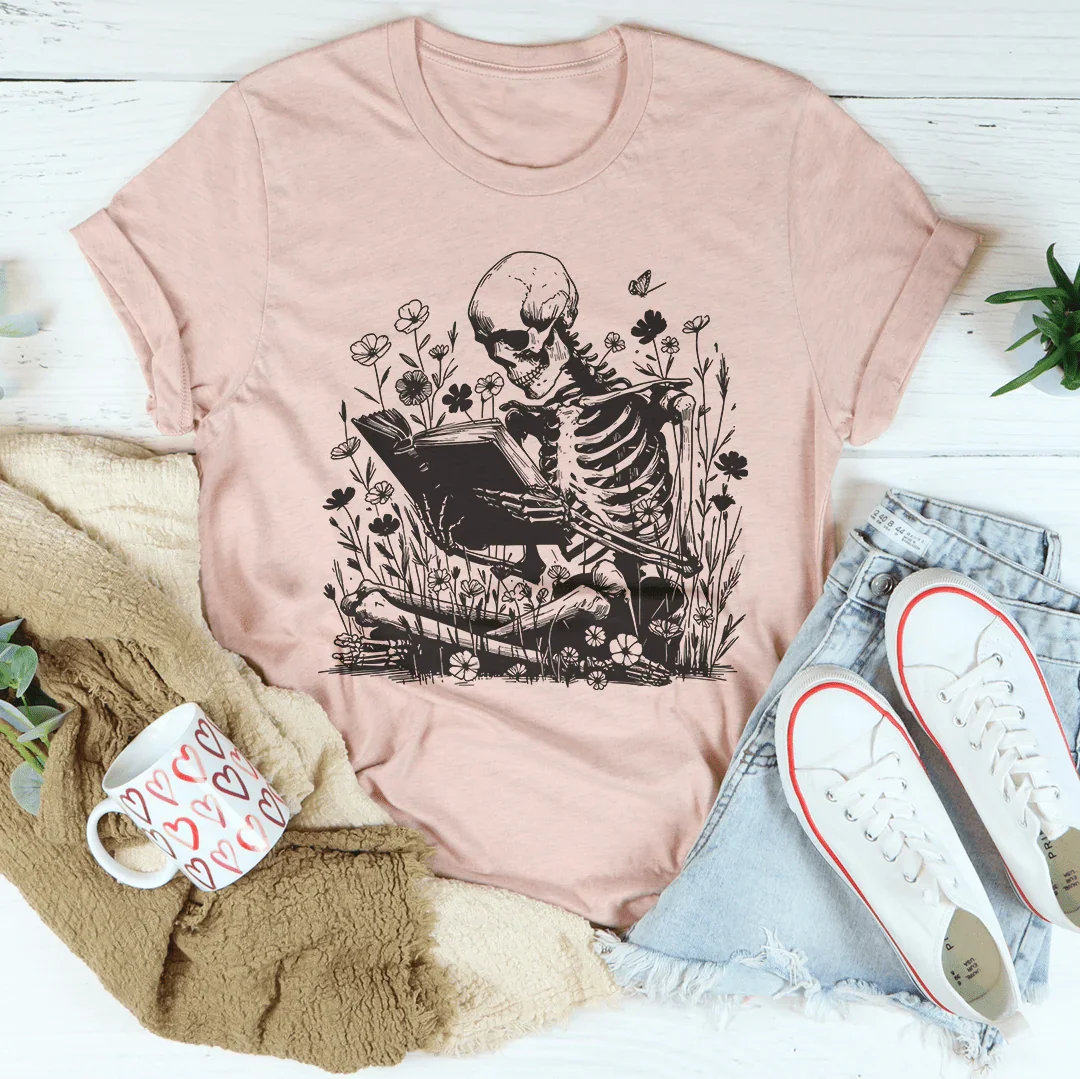 Skull With Books Tee Peachy Sunday