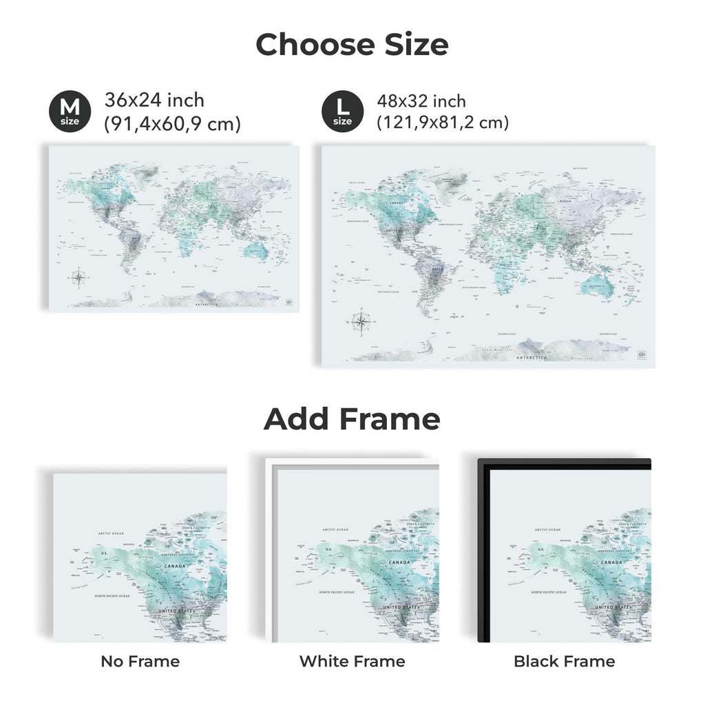 World Map on Canvas - Sky Blue - SJB-DIAMOND ELITES