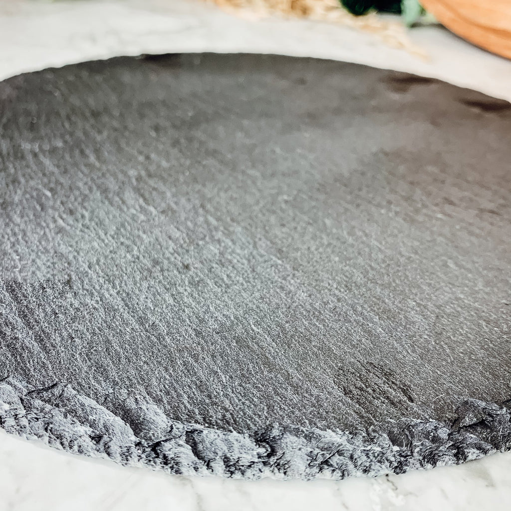 Slate Round 14 Inch Cheese Board - Natural Edge Serving Platter BandsCo Straps