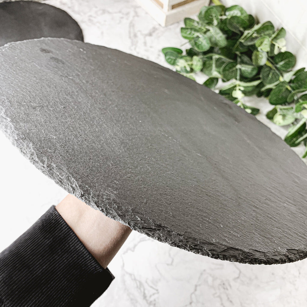 Slate Round 14 Inch Cheese Board - Natural Edge Serving Platter BandsCo Straps