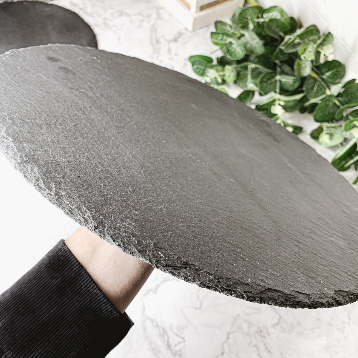 Slate Round 14 Inch Cheese Board - Natural Edge Serving Platter BandsCo Straps