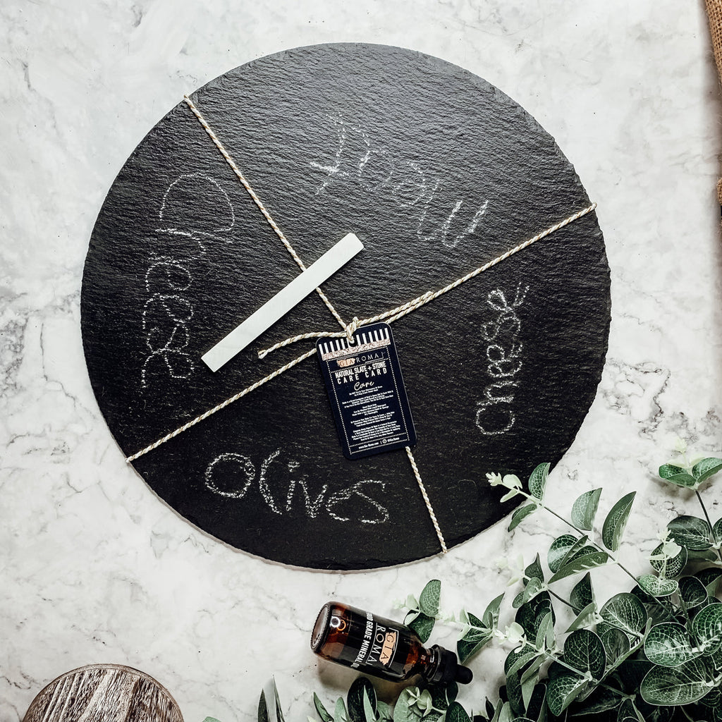Slate Round 14 Inch Cheese Board - Natural Edge Serving Platter BandsCo Straps