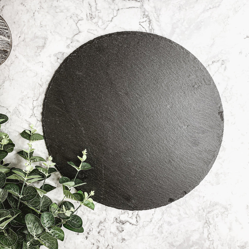 Slate Round 14 Inch Cheese Board - Natural Edge Serving Platter BandsCo Straps