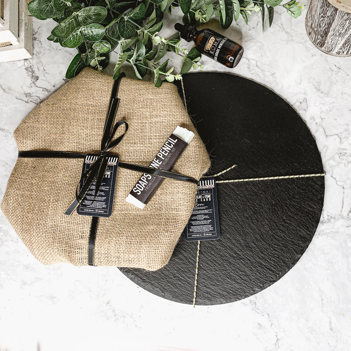 Slate Round 14 Inch Cheese Board - Natural Edge Serving Platter BandsCo Straps