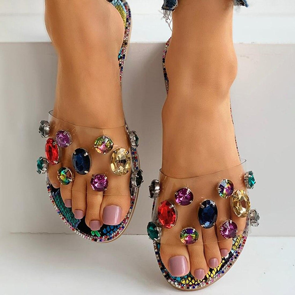 Slides Women Flip Flops Shoes Slippers Rhinestones Sandals Slide Diamond Slipper Slide Open Toe Flat Sandals With Clear Rhinestone Flip Flops Fashion Casual Slip On Party Shoes Stevvex