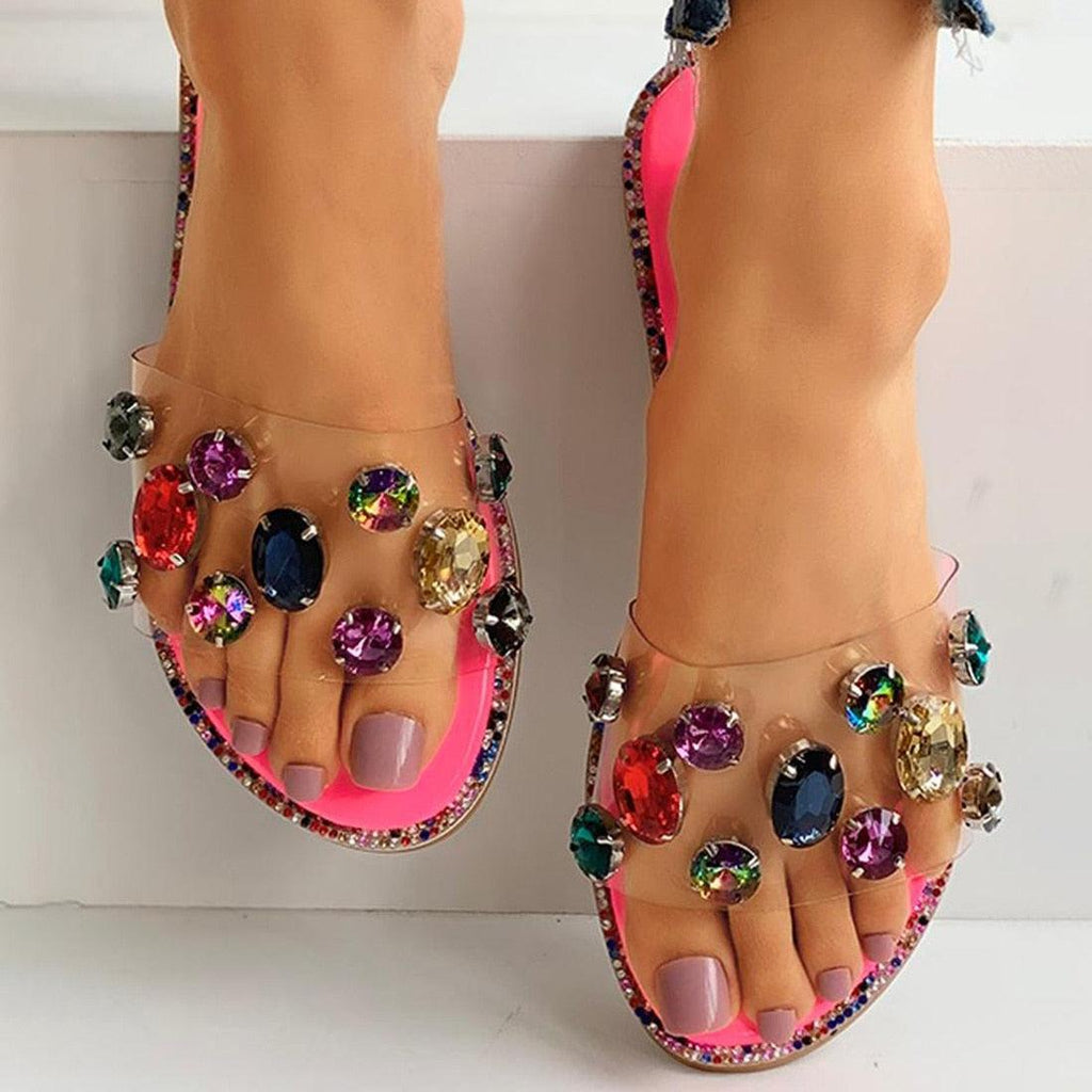 Slides Women Flip Flops Shoes Slippers Rhinestones Sandals Slide Diamond Slipper Slide Open Toe Flat Sandals With Clear Rhinestone Flip Flops Fashion Casual Slip On Party Shoes Stevvex