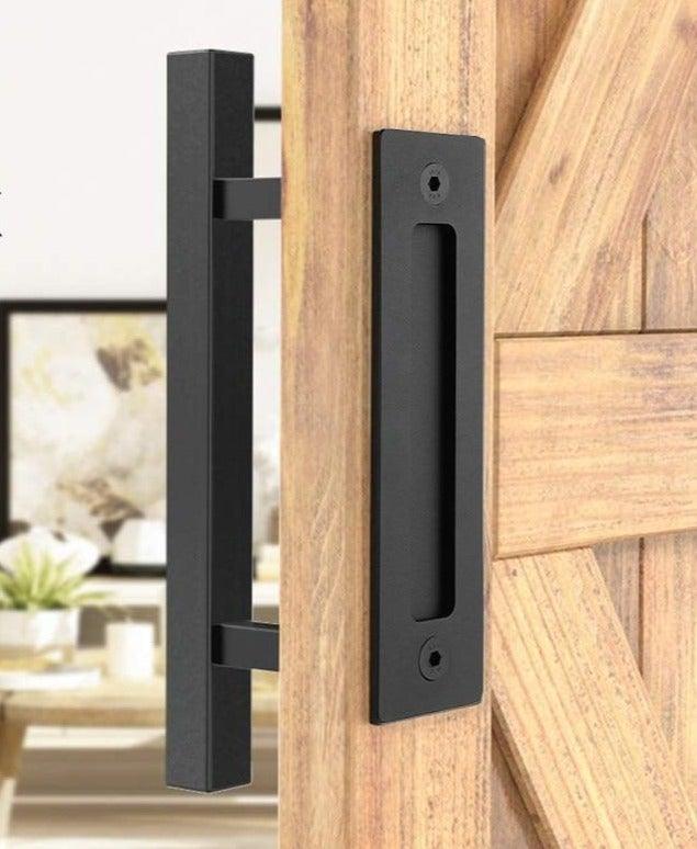 Sliding Barn Door Handle Pull Cabinet Flush Hardware Set Wood Door Handle Interior Door Furniture Handle Hardware Sliding Barn Door Pull Handle with Flush Hardware Set Heavy Duty Solid Square Rustic Style Black Powder Coated Finish Stevvex