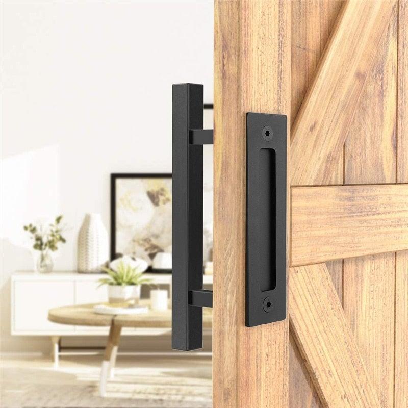 Sliding Barn Door Handle Pull Cabinet Flush Hardware Set Wood Door Handle Interior Door Furniture Handle Hardware Sliding Barn Door Pull Handle with Flush Hardware Set Heavy Duty Solid Square Rustic Style Black Powder Coated Finish Stevvex