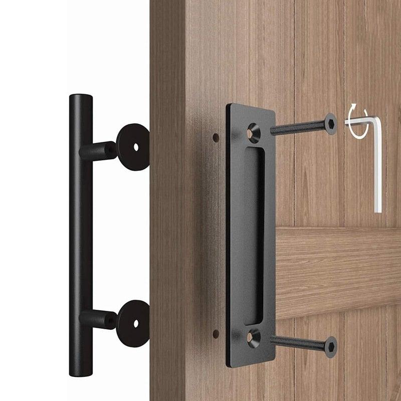 Sliding Barn Door Handle Pull Cabinet Flush Hardware Set Wood Door Handle Interior Door Furniture Handle Hardware Sliding Barn Door Pull Handle with Flush Hardware Set Heavy Duty Solid Square Rustic Style Black Powder Coated Finish Stevvex