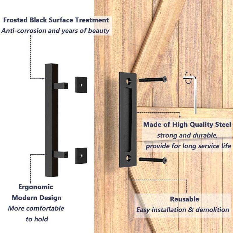 Sliding Barn Door Handle Pull Cabinet Flush Hardware Set Wood Door Handle Interior Door Furniture Handle Hardware Sliding Barn Door Pull Handle with Flush Hardware Set Heavy Duty Solid Square Rustic Style Black Powder Coated Finish Stevvex