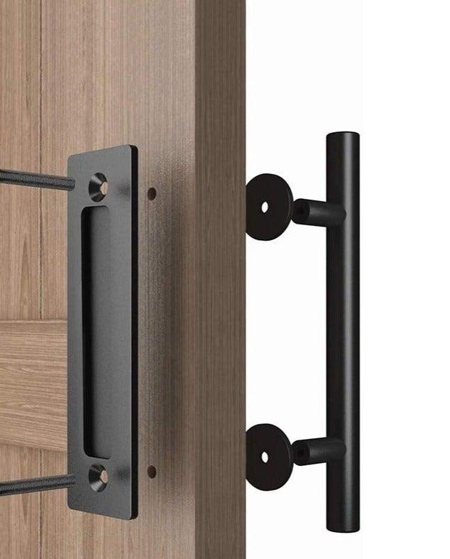 Sliding Barn Door Handle Pull Cabinet Flush Hardware Set Wood Door Handle Interior Door Furniture Handle Hardware Sliding Barn Door Pull Handle with Flush Hardware Set Heavy Duty Solid Square Rustic Style Black Powder Coated Finish Stevvex
