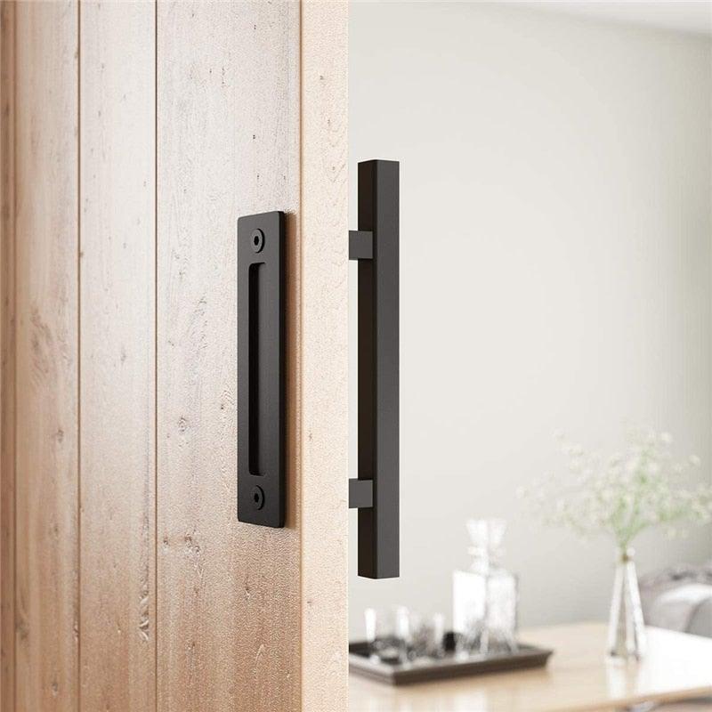 Sliding Barn Door Handle Pull Cabinet Flush Hardware Set Wood Door Handle Interior Door Furniture Handle Hardware Sliding Barn Door Pull Handle with Flush Hardware Set Heavy Duty Solid Square Rustic Style Black Powder Coated Finish Stevvex