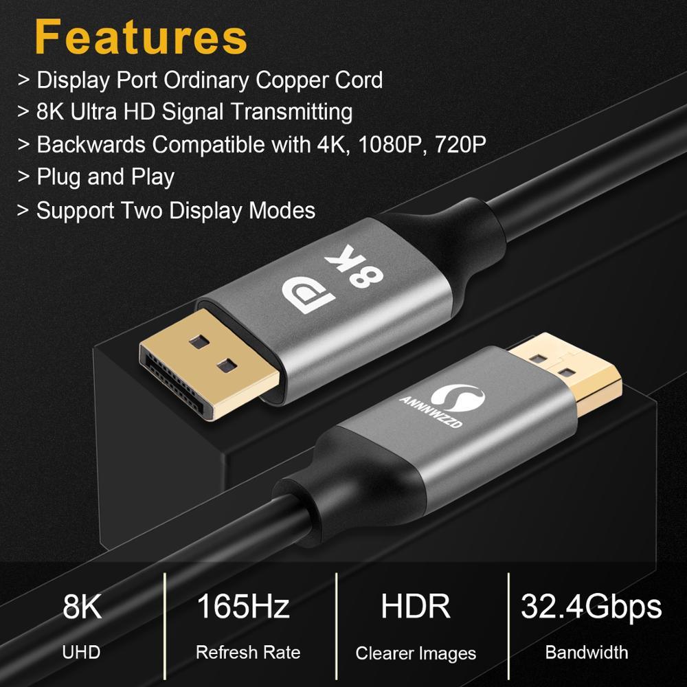 Slim And Flexible 1.4 8K HDR 60Hz 4K@144Hz 32.4Gbps DisplayPort Cable Adapter For PC Laptop TV Monitor Projector Stevvex