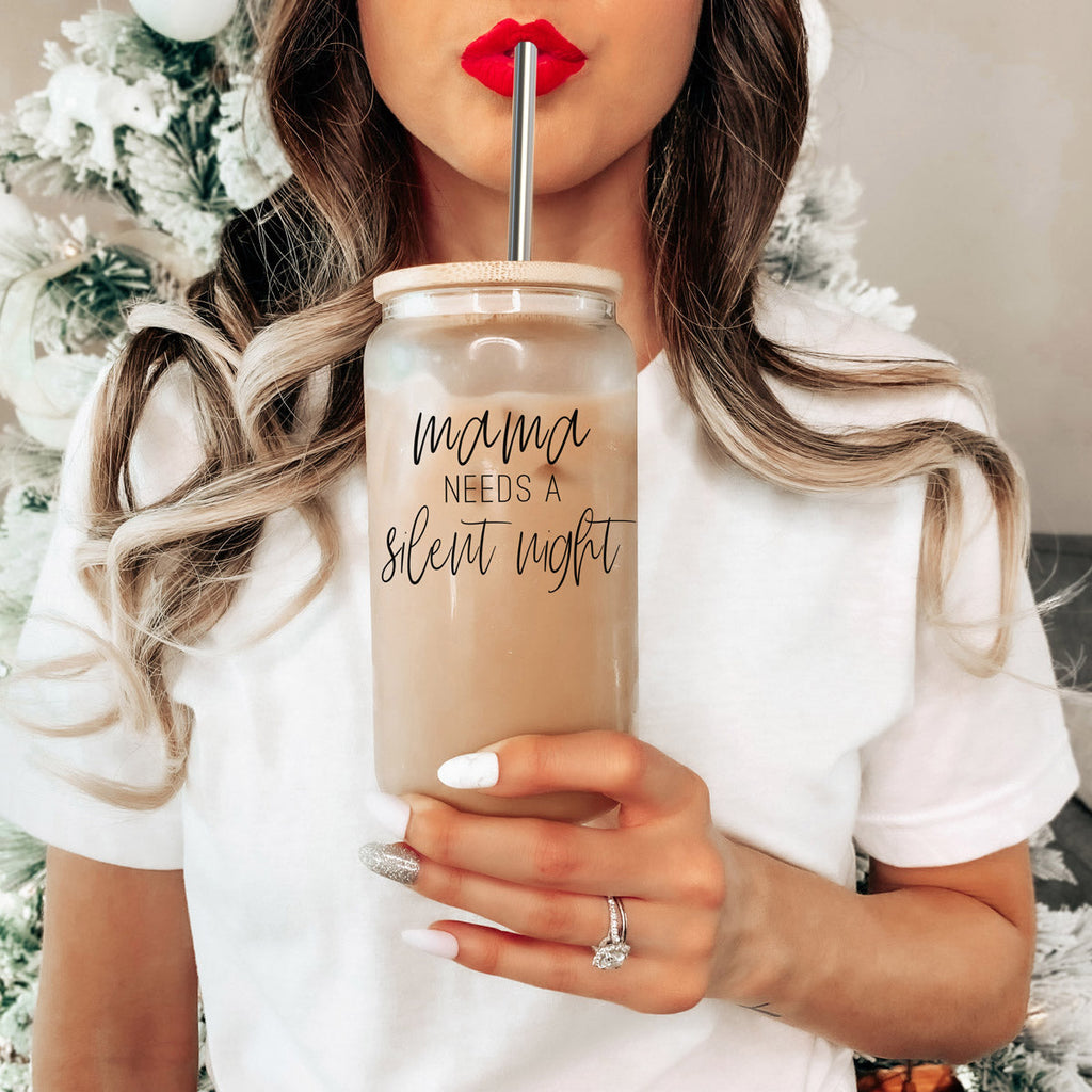 Silent Night 17oz Glass Tumbler With Bamboo Lid, 2 Stainless Straws and Cleaner BandsCo Straps