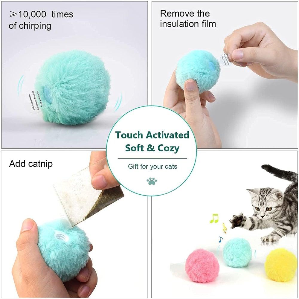 Smart Cat Toys Interactive Ball with Catnip Cat Training Squeaky Fidget Toys Cats Products for Pets Fluffy Plush Cat Ball Toys Interactive Chirping Balls Cat Kicker Toy Animal Chirping Sounds Fun Catnip Toys for Cat Exercise Stevvex