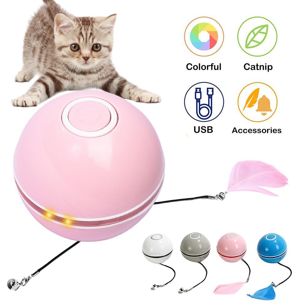 Smart Interactive Cat Toy Colorful LED Self Rotating Ball Bell and Feather Toys USB Rechargeable Cat Kitten Ball Toy Cat Exercise Ball with Feather Bell and Catnip Stevvex