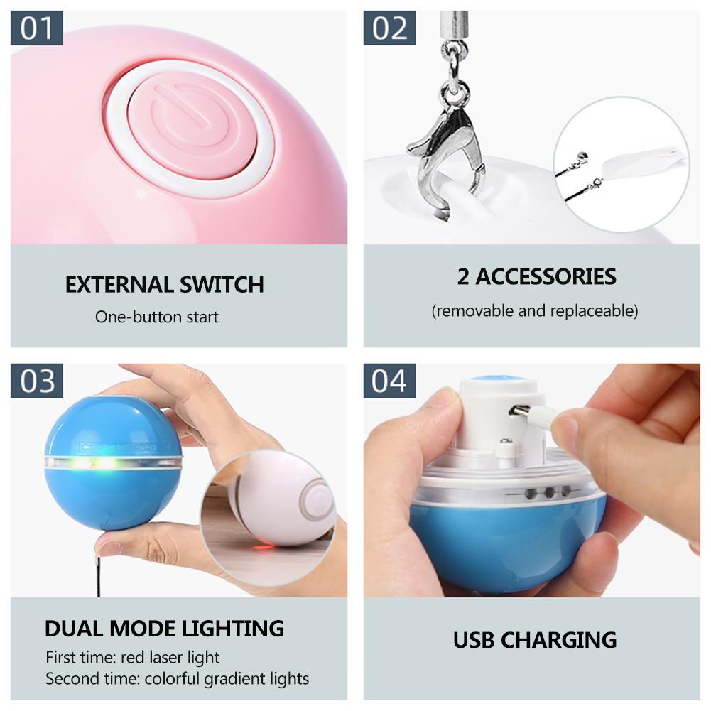Smart Interactive Cat Toy Colorful LED Self Rotating Ball Bell and Feather Toys USB Rechargeable Cat Kitten Ball Toy Cat Exercise Ball with Feather Bell and Catnip Stevvex