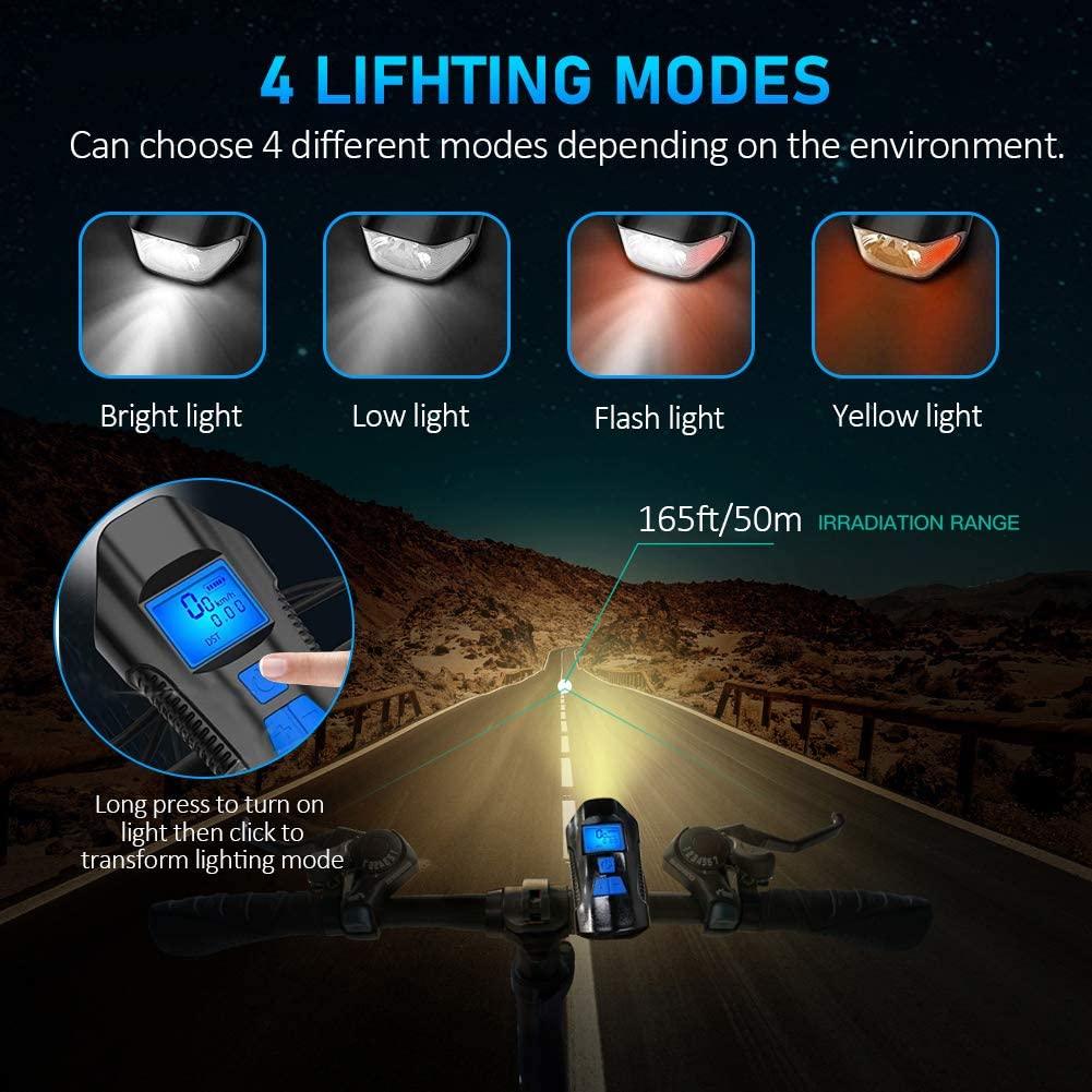 Smart Waterproof Bicycle Light USB Rechargeable Bike Front Light Flashlight With Bike Computer LCD Speedometer Waterproof Bicycles Light And Odometer Horn For Safe Cycling 4 Modes Fits For All Mountain Road Bikes Stevvex