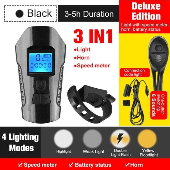 Smart Waterproof Bicycle Light USB Rechargeable Bike Front Light Flashlight With Bike Computer LCD Speedometer Waterproof Bicycles Light And Odometer Horn For Safe Cycling 4 Modes Fits For All Mountain Road Bikes Stevvex