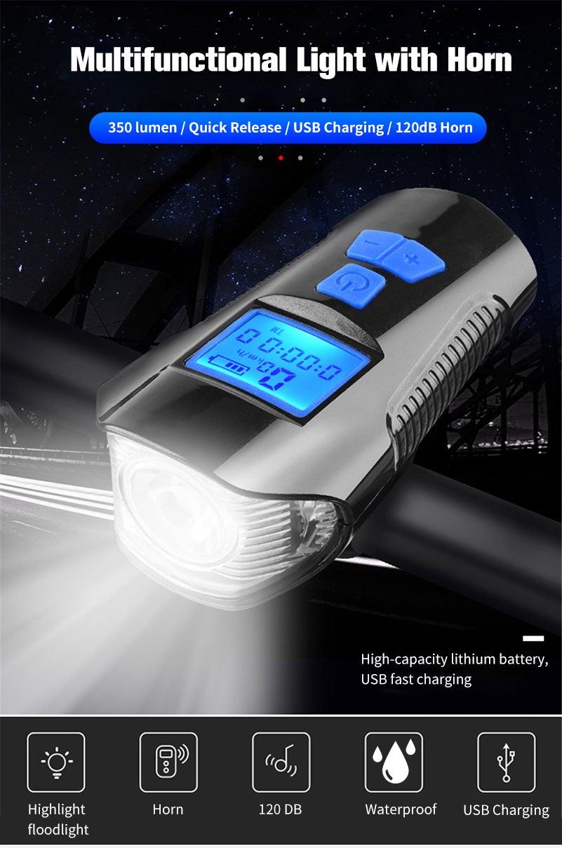 Smart Waterproof Bicycle Light USB Rechargeable Bike Front Light Flashlight With Bike Computer LCD Speedometer Waterproof Bicycles Light And Odometer Horn For Safe Cycling 4 Modes Fits For All Mountain Road Bikes Stevvex