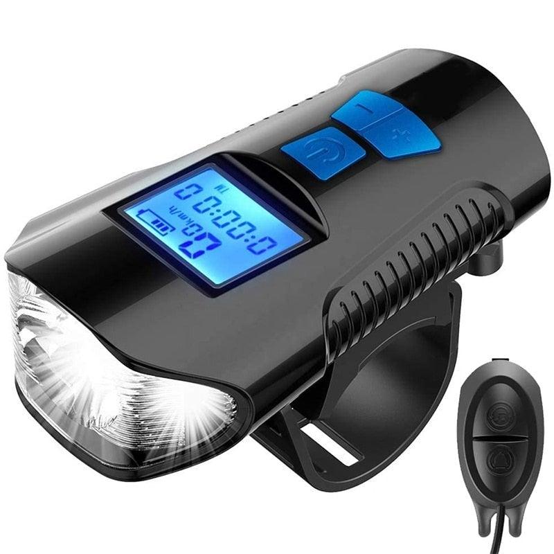 Smart Waterproof Bicycle Light USB Rechargeable Bike Front Light Flashlight With Bike Computer LCD Speedometer Waterproof Bicycles Light And Odometer Horn For Safe Cycling 4 Modes Fits For All Mountain Road Bikes Stevvex