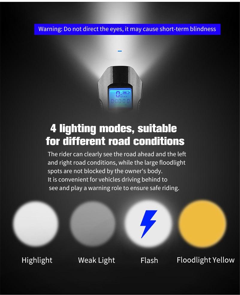 Smart Waterproof Bicycle Light USB Rechargeable Bike Front Light Flashlight With Bike Computer LCD Speedometer Waterproof Bicycles Light And Odometer Horn For Safe Cycling 4 Modes Fits For All Mountain Road Bikes Stevvex