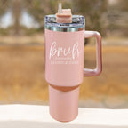 40oz Pink Insulated Tumbler With Handle, Lid and Straw, Funny Bruh Mom Cup BandsCo Straps