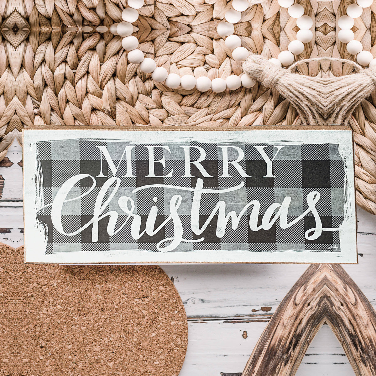 Buffalo Check Christmas Wood Sign 10x4 Tabletop Shelf Mantel Decor BandsCo Straps