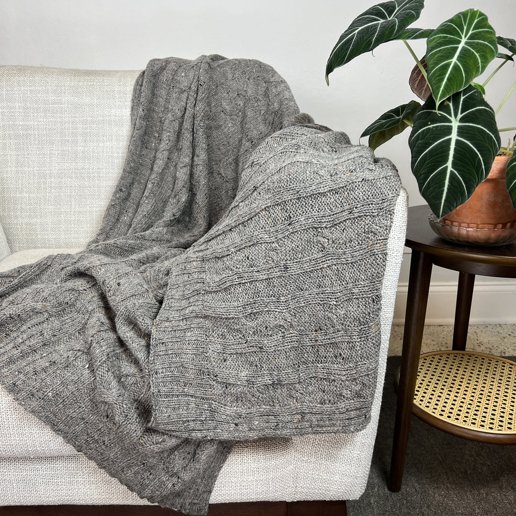 Smoke Gray Alpaca Merino Cable Knit Throw Blanket Cozy Luxury Home Decor BandsCo Straps