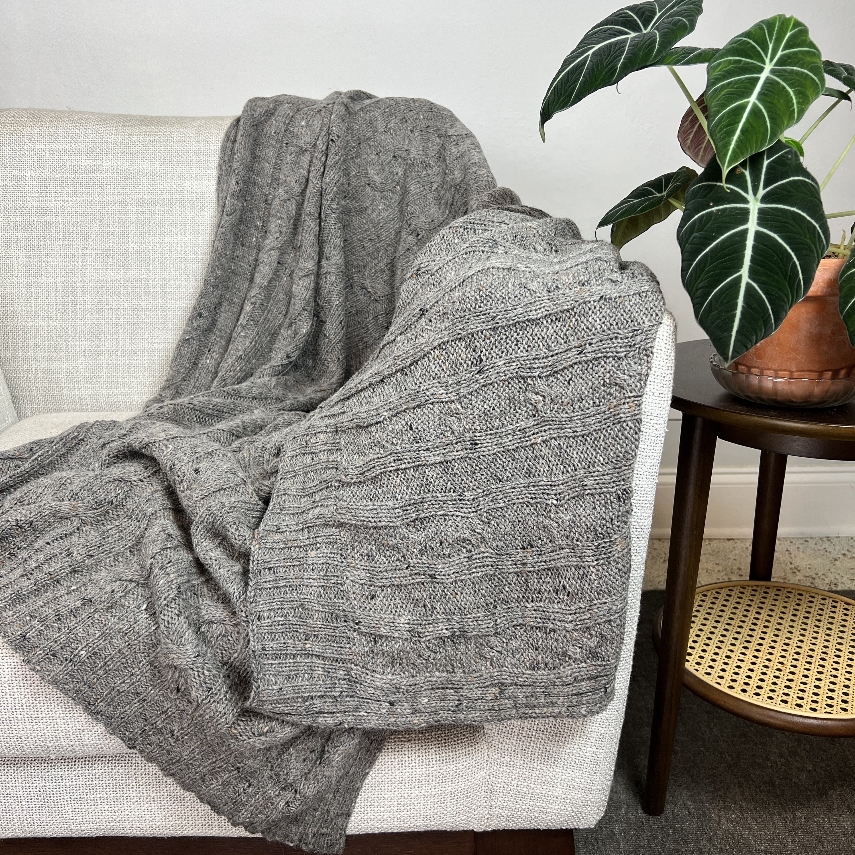 Smoke Gray Alpaca Merino Cable Knit Throw Blanket Cozy Luxury Home Decor BandsCo Straps