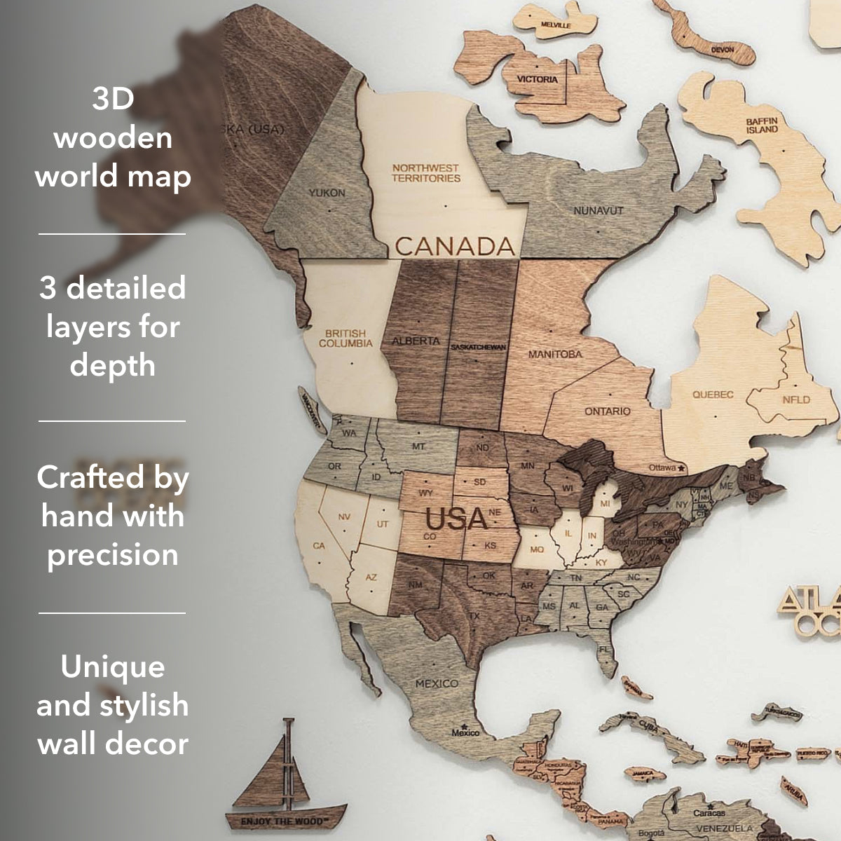 3D Wooden World Map Smokey Enjoy The Wood