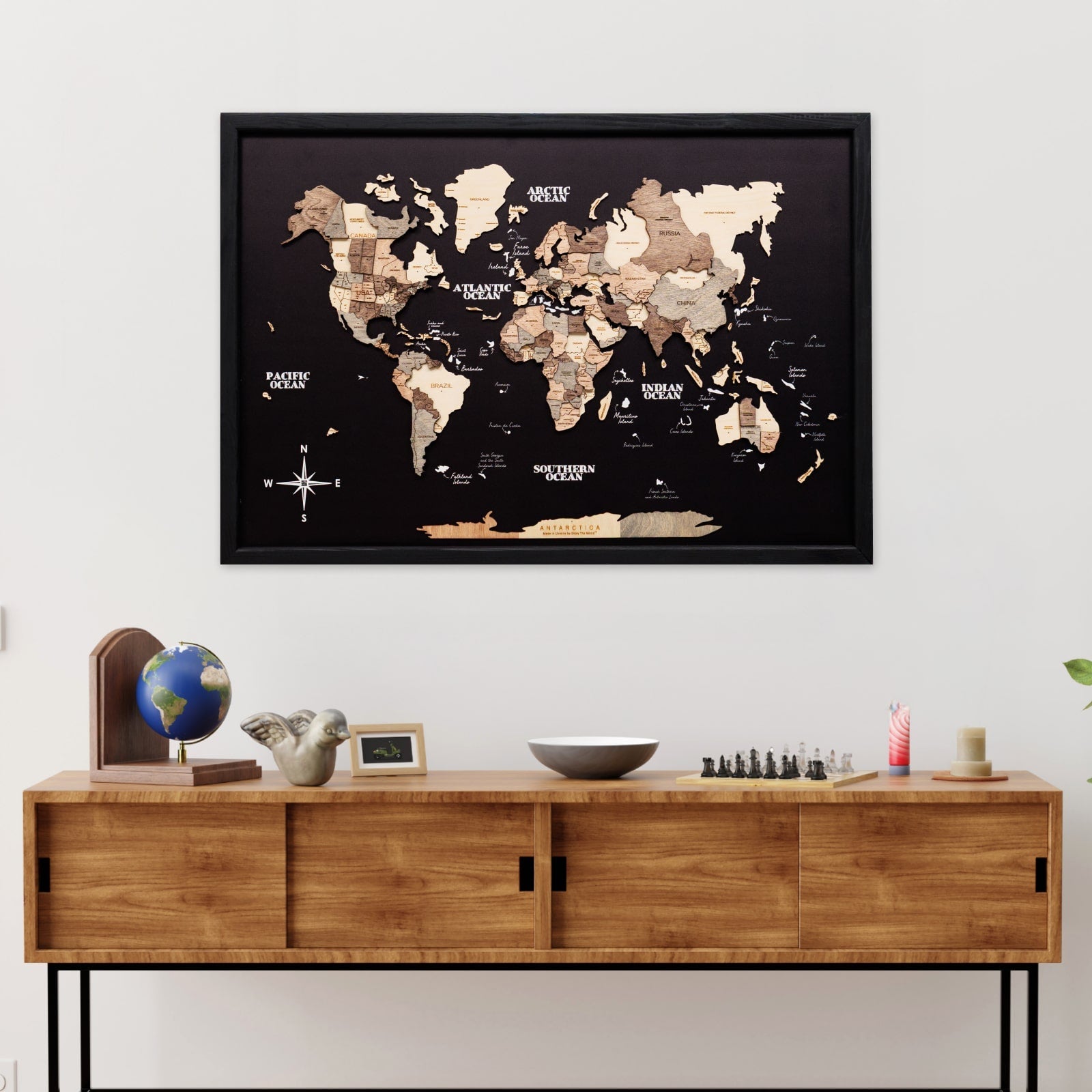 3D Wooden Panel World Map - Smokey