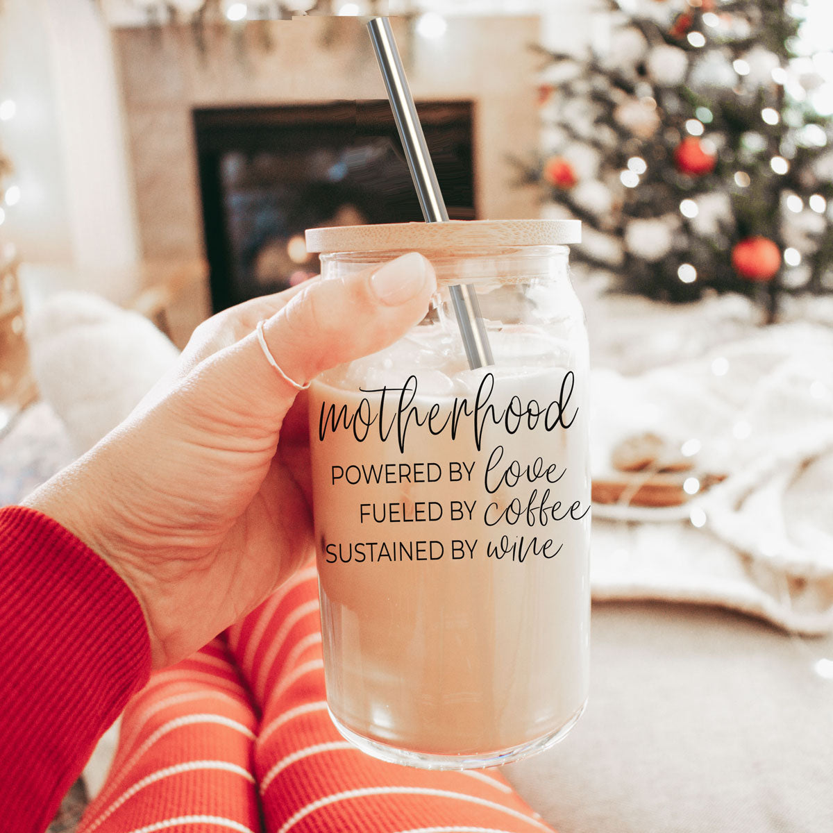 Motherhood Definition 17oz Glass Tumbler With Bamboo Lid And 2 Stainless Straws BandsCo Straps
