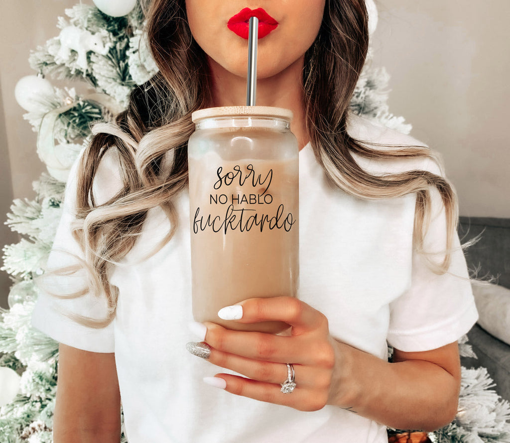 No Hablo 17oz Glass Tumbler With Bamboo Lid, 2 Stainless Straws And Cleaner BandsCo Straps