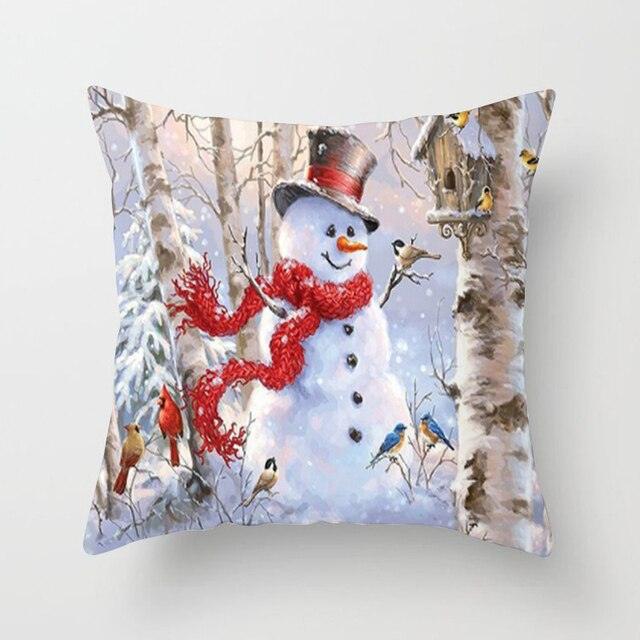 Snowman Christmas Cushion Cover Polyester Decorative Christmas Pillow Cover Merry Christmas Throw Cushion Covers Tree Reindeer Star Pillow Case For Party Throw Pillow New Year Xmas Decor Sofa Living Room Home Decoration Stevvex